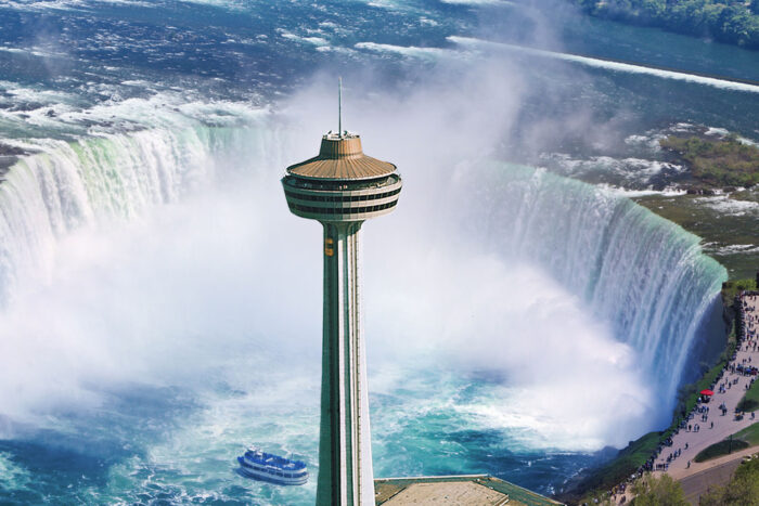 Vy över Niagarafallen med Skylon Tower, utkiksplatser och Hornblower båttur.