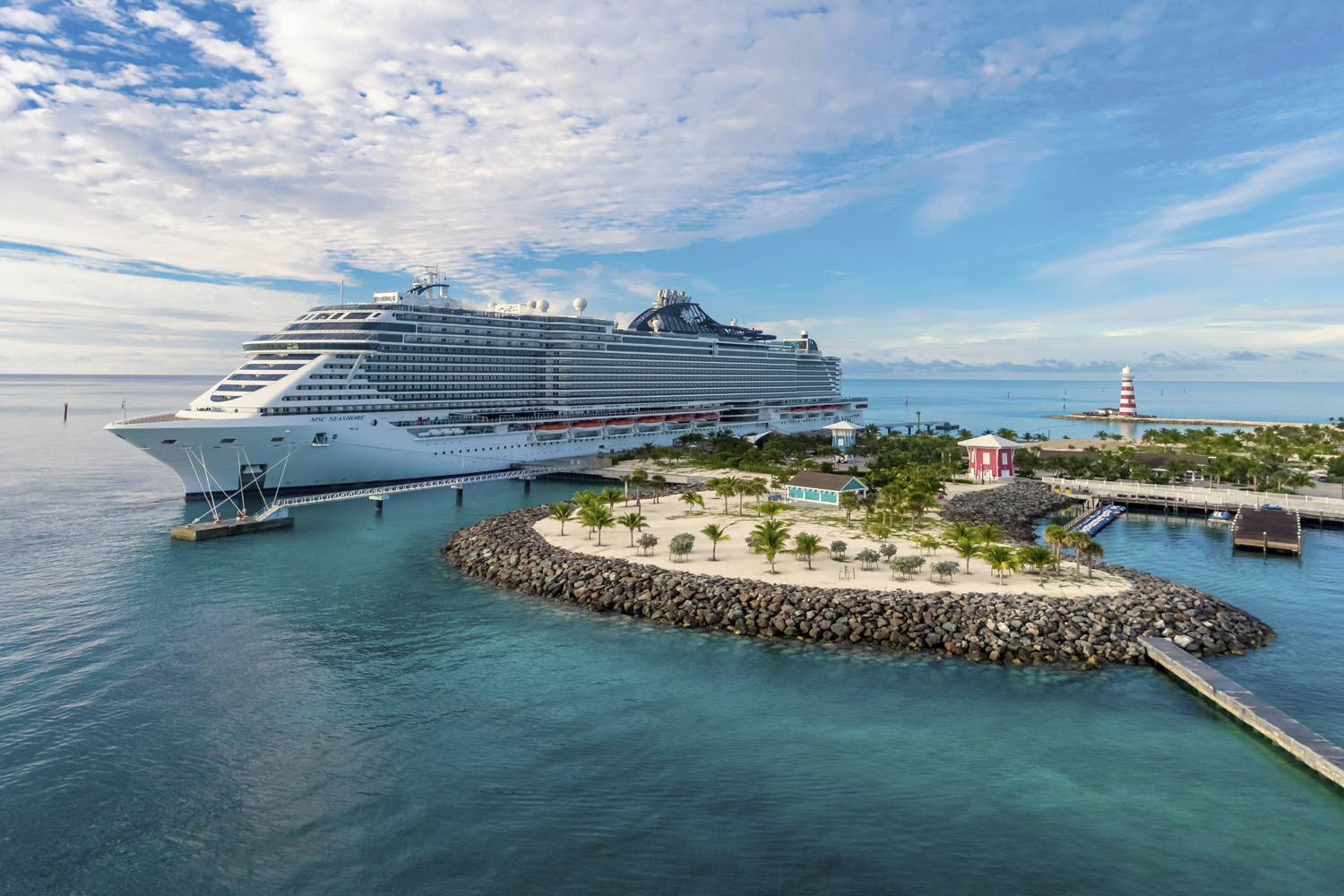 MSC Seashore vid Ocean Cay i Bahamas.