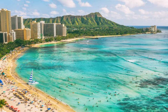 Waikiki Beach i Honolulu på Oahu, Hawaii.